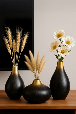 GoldenShadow Handmade Dekoratif Seramik 3'lü Set Vazo